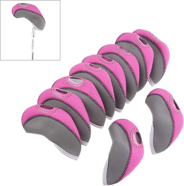 10 st golfjärnshuvudskydd i gummi, två ärmar (rosröd)