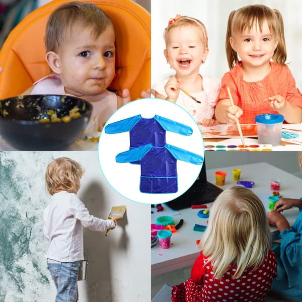 2 stk. Børnemalerforklæde, 8-10 år Børnekunstforklæde Vandtæt med ærmer og 3 lommer, Blå