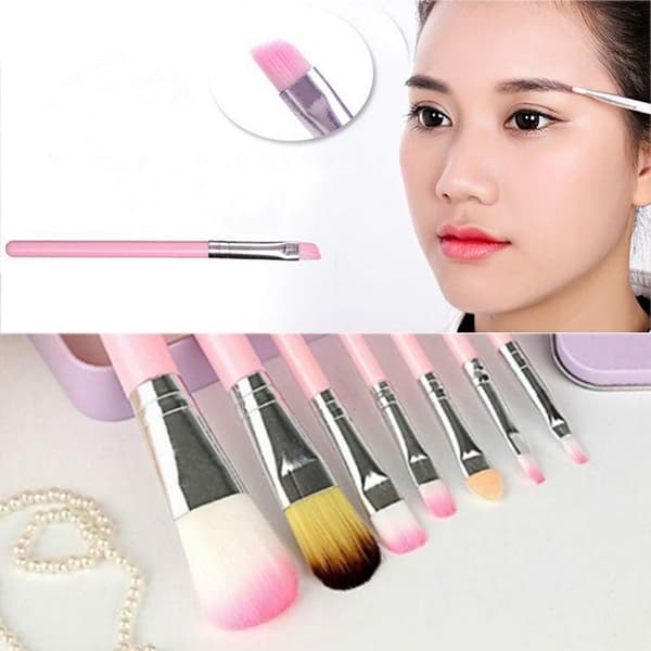 7-delt makeupbørstesæt, foundation øjenbryn eyeliner børste - pink med etui (sort) Black