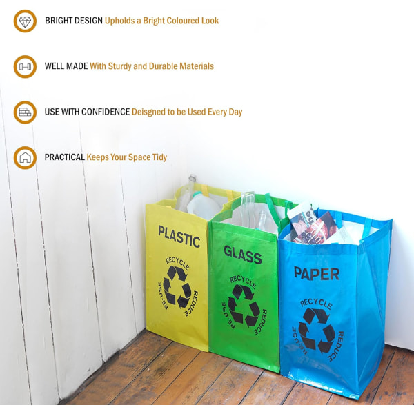 Hushållsåtervinningspåsar/Plastglaspappersåtervinningspåsar med handtag/Flerfärgad-Set om 3（Slumpmässig färg）