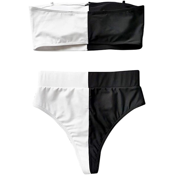 Kvinnors 2-delade sexiga underboob utskurna bikini badkläder silver läder lappverk baddräkt, M Black + White m