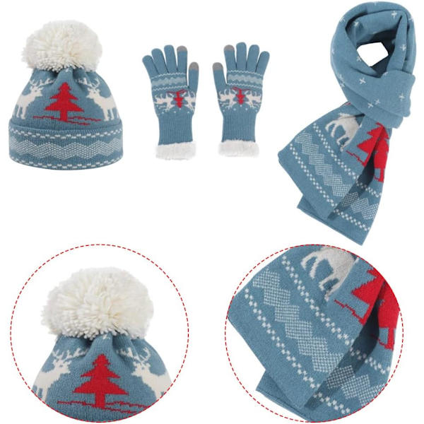 Jul stickad dam vinter varm mössa handskar ren halsduk set blue