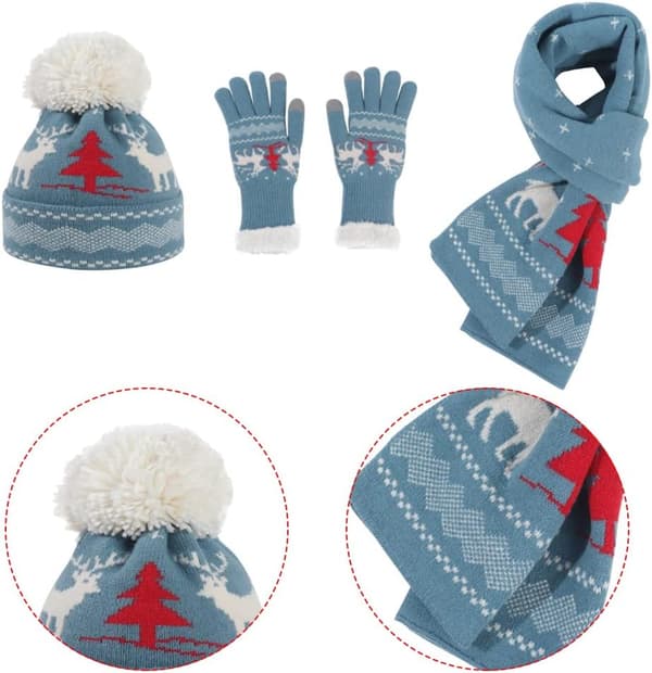 Jule strikket dame vinter varm lue hansker reinsdyr skjerf sett blue