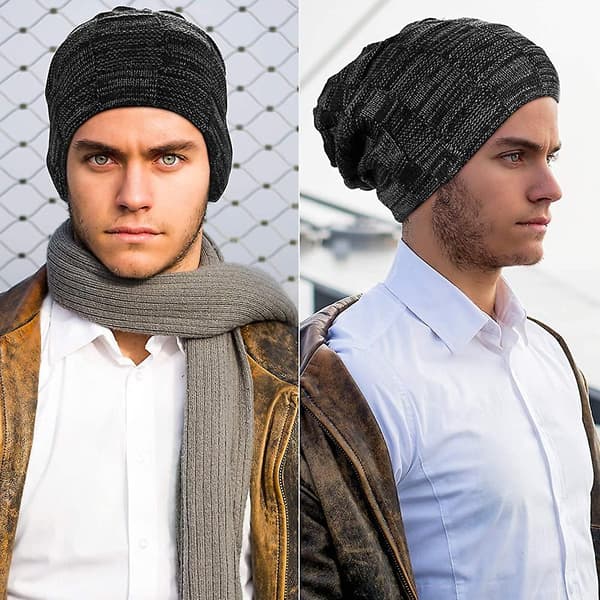 Herrar Stickad Vintermössa, Varm Mössa med Fleece Innerfoder