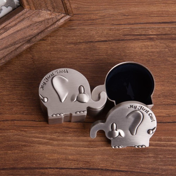First Curl och First Tooth Keepsake Box för barn metallgraverad elefantform (6 x 4 x 3 cm)