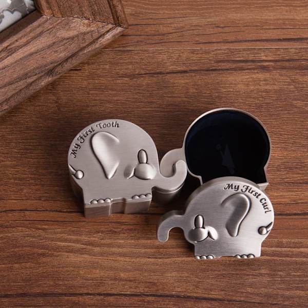 Första lock och första tand minneslåda för barn metallisk graverad elefantform (6 x 4 x 3 cm)