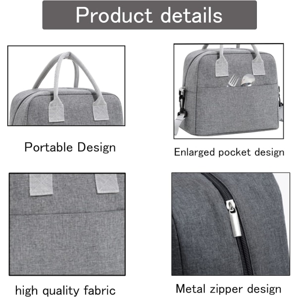 Isolerad matkasse Isolerad matlåda med axelrem Återanvändbar lunchpåse (grå)