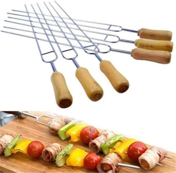 Dobbeltspids BBQ Kebab Grillspyd Gaffel med Træhåndtag 6 stk.