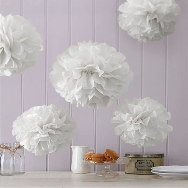24 Vita blommor pompoms Bröllopsdekoration, pompoms i sidenpapper Deco dop eller födelsedag