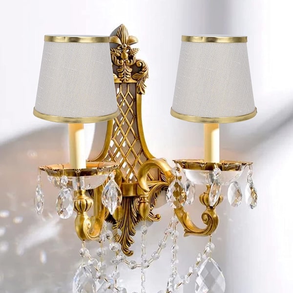Set med 2 lampskärmar i form av klocka i tyg med klämma för skruvfäste, beige, vit, guld