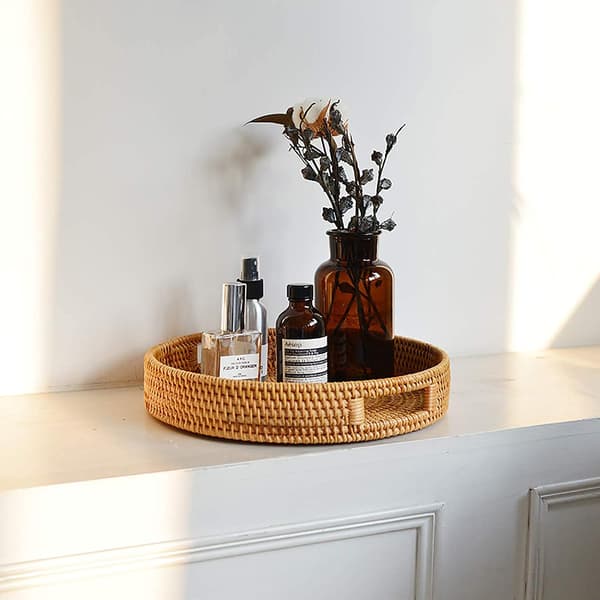 Rattan serveringsbricka, 30 cm handgjord dekorativ rund flätad korg, bricka