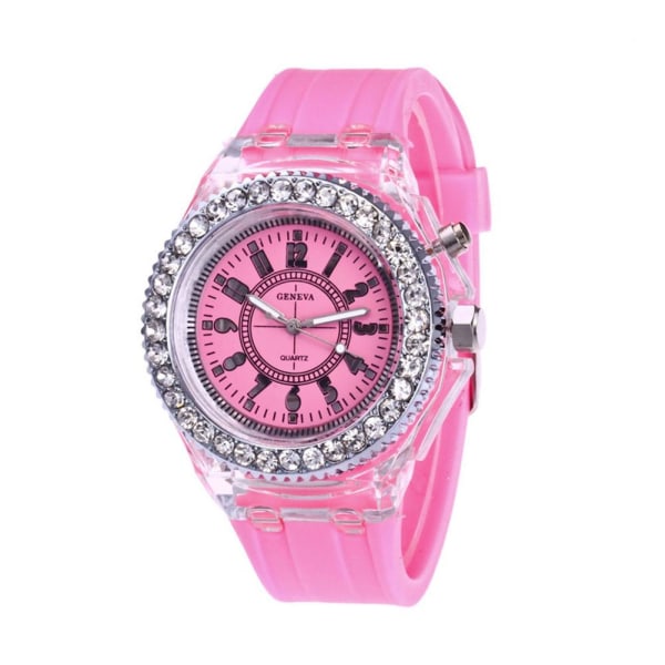 Mode Kvinnor Watch Blixt LED-ljus Crystal Quartz Sp Pink One size