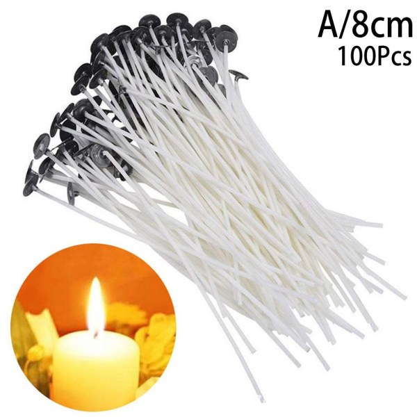 100x Candle Wicks bomullskärna förvaxad med uppbärare för Cand 8cm One-size