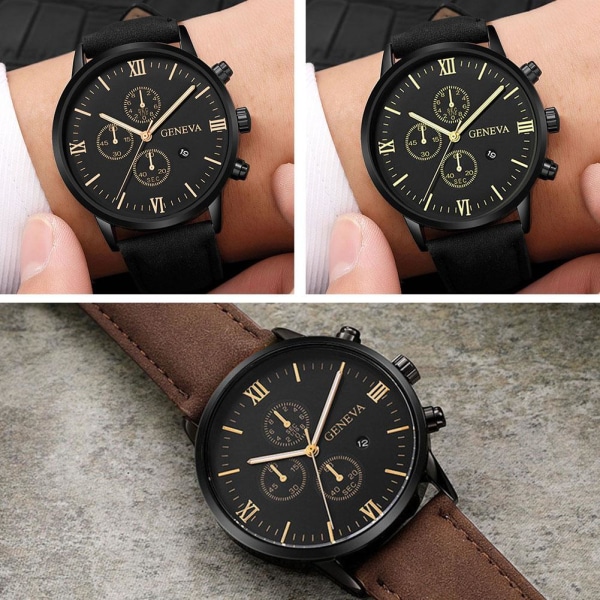 Casual Geneva Quartz Watch Herrklockor Casual Läderband Qua Gold Black