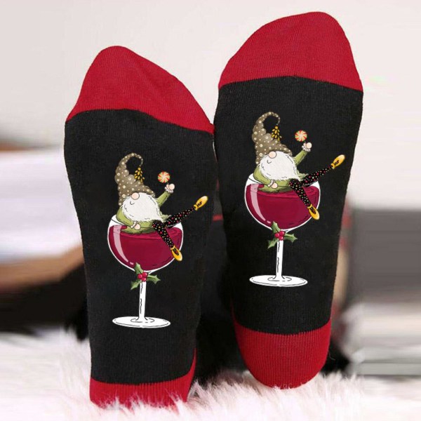 Gnome Wine Glass Unisex Crew Socks, Unisex Xmas Funny Novelty Br black red one-size
