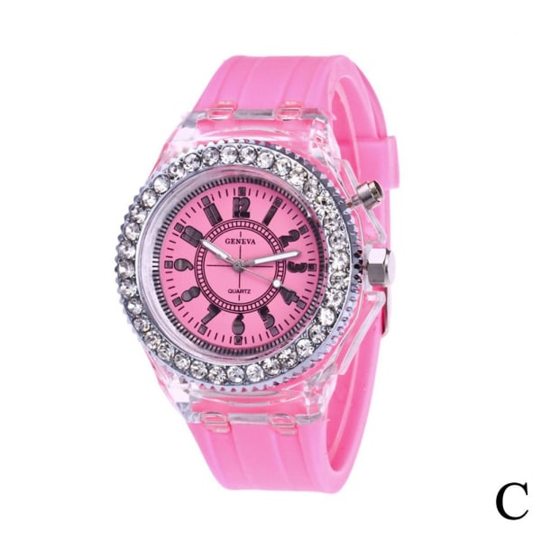 Mode Kvinnor Watch Blixt LED-ljus Crystal Quartz Sp Pink One size