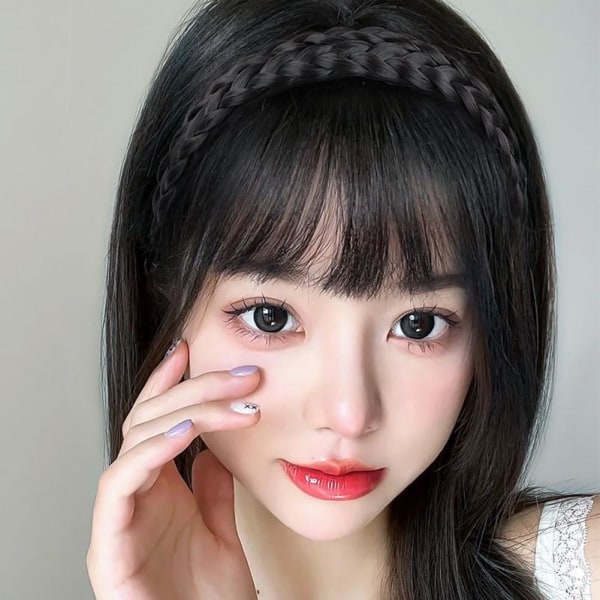 Natural Bangs Peruk Pannband Dam Flickor Fishbone Braid Panne H black 1pcs