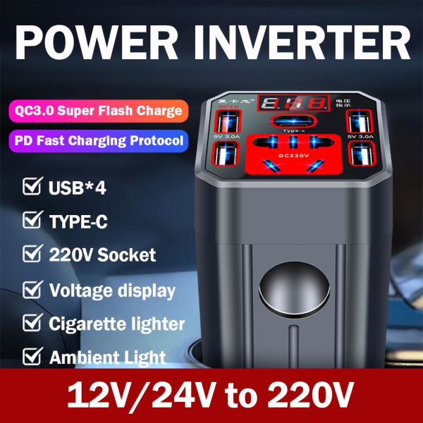 Power 24V/12V till 220V LED-skärm 3 USB-portar &Ciga RedA Digital display