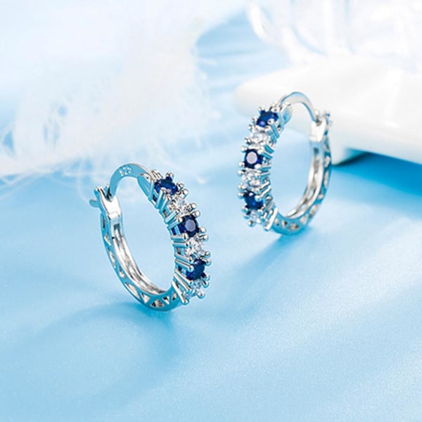 Kvinnor 925 Sterling Silver Blå Crystal Hoop Örhängen Smycken G Blue One size