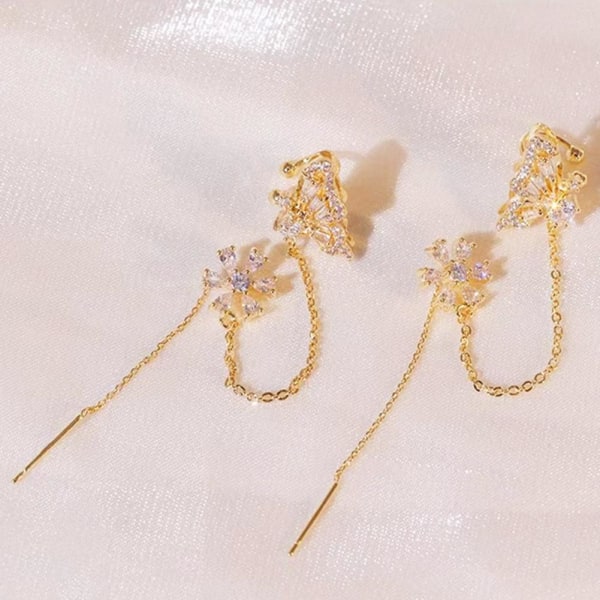 Underbara Butterfly Zircon Long Tassel Örhängen Cuff Ear Clip Lin Right ear One size