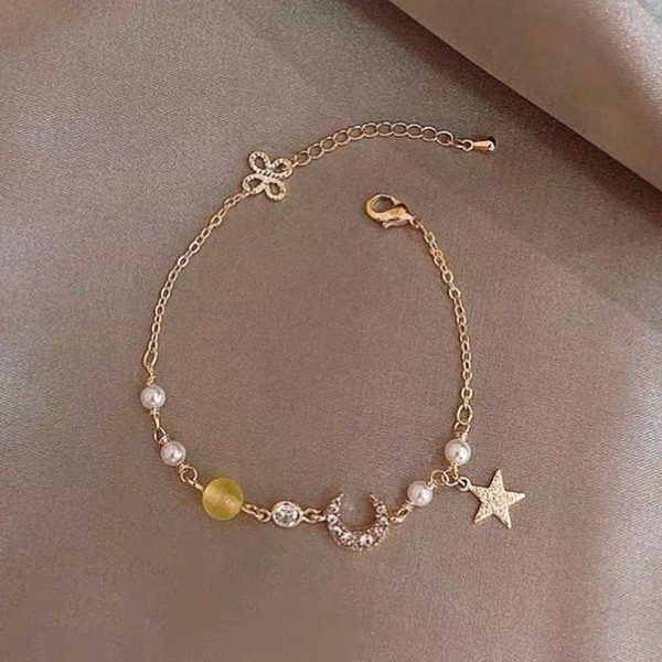 Star Moon Imitation Zircon Pearl Armband Mode Enkelt För Kvinna Yellow One size