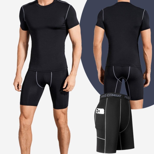 Athletic Fitness byxor för män, korta kompressionsbyxor med ficka black XXL