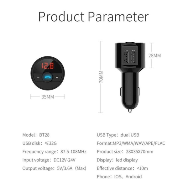 Bluetooth-kompatibel FM-sändare trådlös i bil D0 USB 7Y2W