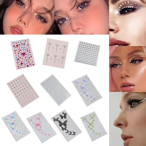 Ögonmakeup-dekaler med glitter, strass och diamanter, självhäftande DIY style 2 1pcs