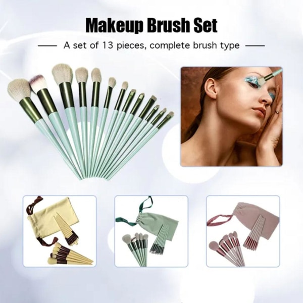 13 st Ansiktssminkborstar Set med påse Mjuk kosmetisk skönhet Ey Matcha Green 13pcs