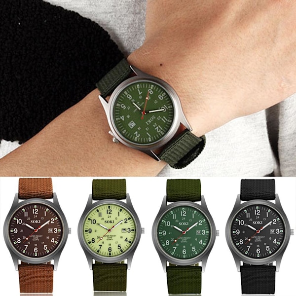 Militär Army Herr Datum Canvas Rem Analog Kvarts Sport Armbandsur green One-size