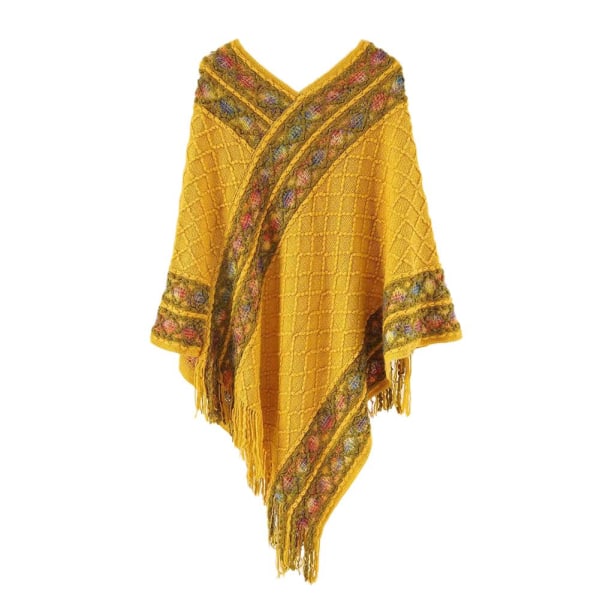 Vintage Pullover Tofs Sjal Poncho Etnisk Sjal Tofs Cardiga yellow one-size