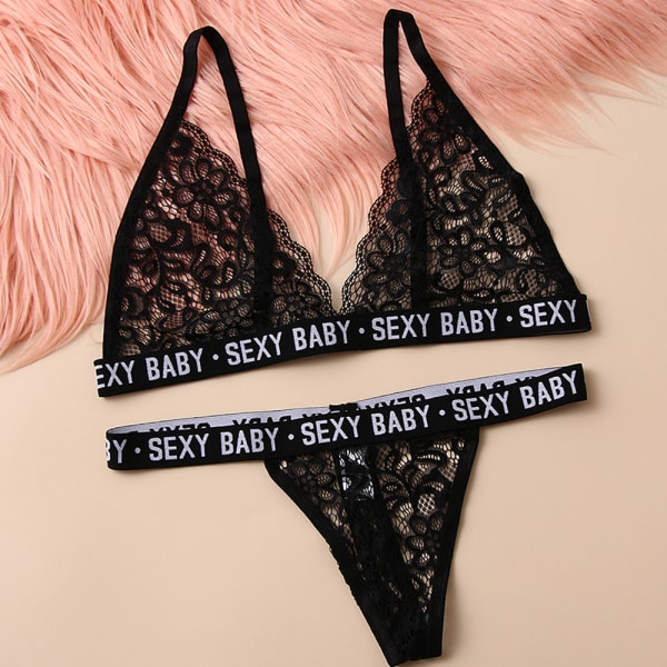 Kvinnor Sexig blommig print Nattkläder BH Thong Underkläder Set black L