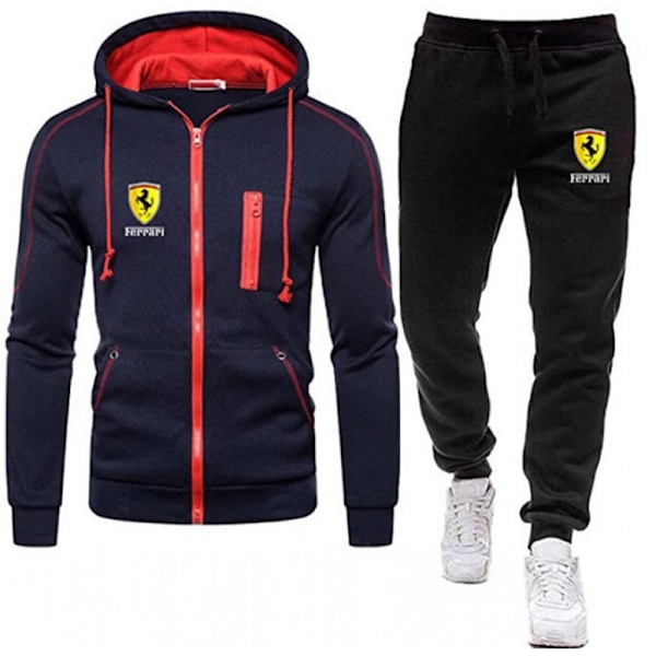 Män Sport Huvtröja Tracksuit Set Långärmad Full Zip Hoodie Sweatshirt Jacka + Joggingbyxor Sweatpants Outfit Fickor Navy S