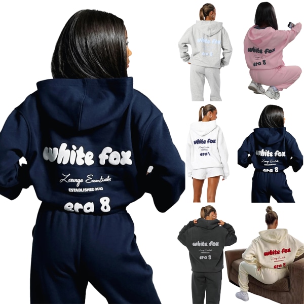 Dam Hoodie & Byxor Tracksuit Set Vit Fox Casual 2-Delar Sport Toppar Sportkläder Outfit Pink L