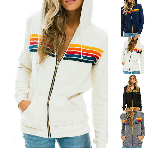Dam Hoodie med Regnbågsmönster, Dragkedja, Långärmad, Huva, Sweatshirtjacka med Fickor White 3XL