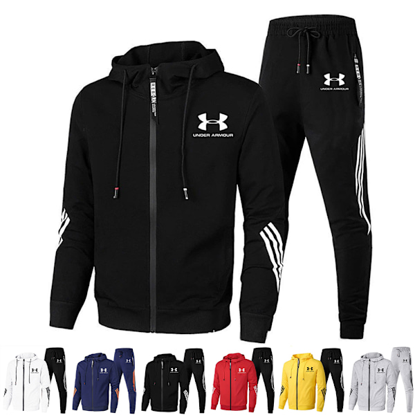 Män Under Armour Sport Huvtröja & Byxor Set Långärmad Hel Dragkedja Hoodie Sweatshirt Jacka + Joggingbyxor Sweatpants Outfit Red 4XL