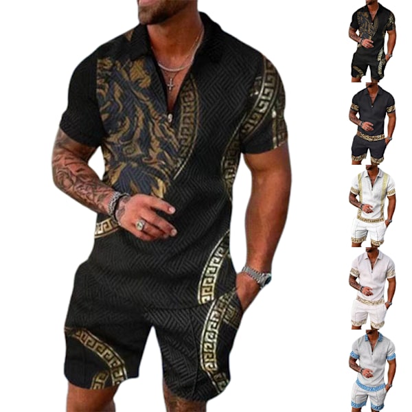 Herrar Casual 3D Tryckt POLO Skjorta Set Sportkläder Set Mode Sommar Kortärmad T-shirt Shorts Set Man Tracksuit A XL