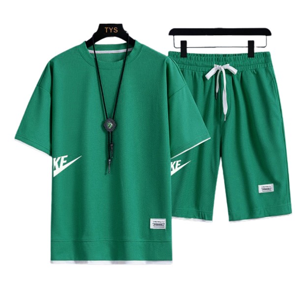 Män Tracksuit Set Sportkläder Kortärmad Toppar Shorts Casual Outfits Green L