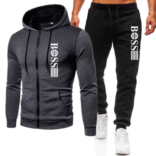 Män Helzippade Tryckt Hoodie Jacka Långa Sweatpants Joggers Sport Gym Tracksuit Set Dark Grey-Black 2XL