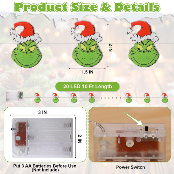 2M 20LED Julgransljus med Grinch-motiv, batteridriven, för julfestdekoration 2M