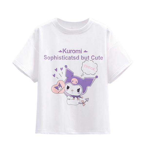 Lasten tyttöjen Kuromi-printtipaita laskostettu minihame kesäasut vaatesetti White 150cm