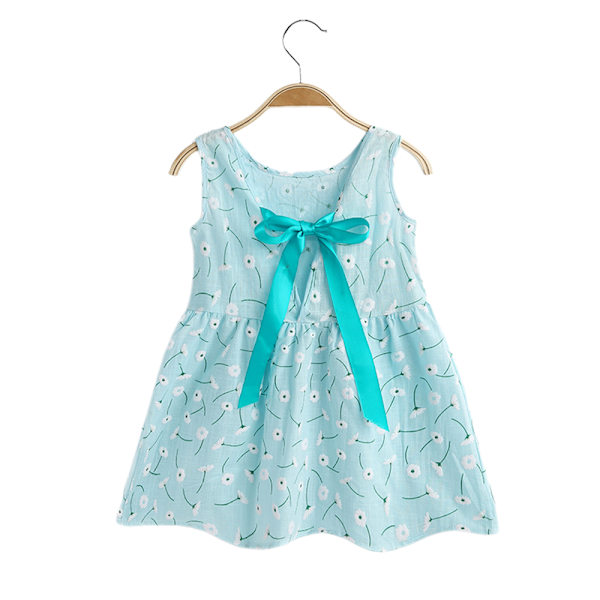 Sommar Barn Flickor Ärmlös Kort Mini Klänning Blommig Solklänning med Rosett bak D 120cm