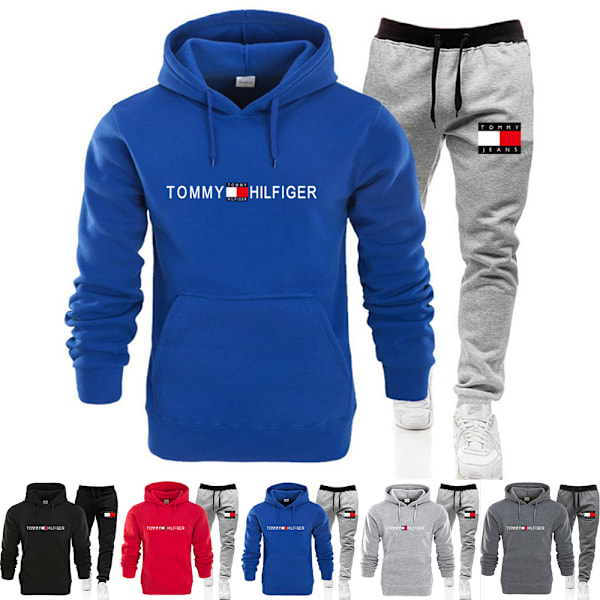 Herrar Tommy Hilfiger Sport Hoodie Tracksuit Set Långärmad Hoodie Sweatshirt Jacka + Joggingbyxor Sweatpants Outfit Fickor Dark Grey 3XL