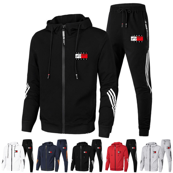 Männs TomyJeans Helzippade Varma Hoodie Toppar & Joggingbyxor Jacka Träningsdräkt Set Black M