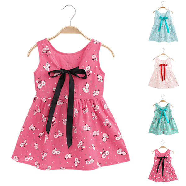 Sommar Barn Flickor Ärmlös Kort Mini Klänning Blommig Solklänning med Rosett bak C 130cm
