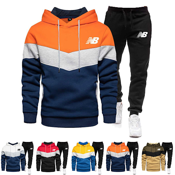 Män Färgblock Huvtröja Tröja + Byxor Sport Jogging Tröja Outfit Set Tracksuit Orange 2XL