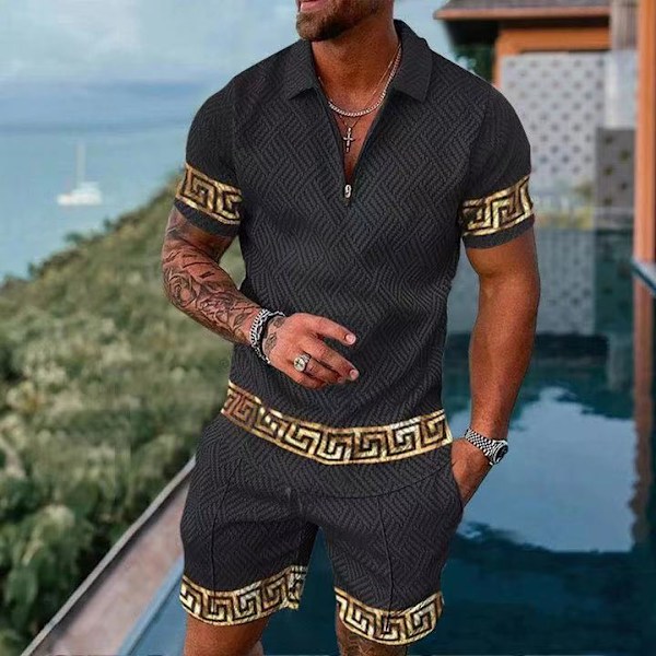 Herrar Casual 3D Tryckt POLO Skjorta Set Sportkläder Set Mode Sommar Kortärmad T-shirt Shorts Set Man Tracksuit D M
