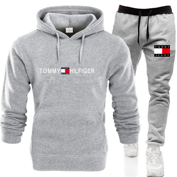 Herrar Tommy Hilfiger Sport Hoodie Tracksuit Set Långärmad Hoodie Sweatshirt Jacka + Joggingbyxor Sweatpants Outfit Fickor Light Grey XL