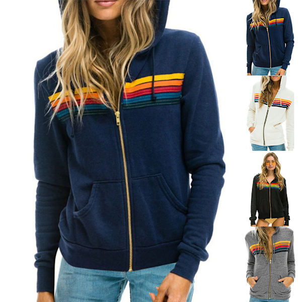 Dam Hoodie med Regnbågsmönster, Dragkedja, Långärmad, Huva, Sweatshirtjacka med Fickor Black M