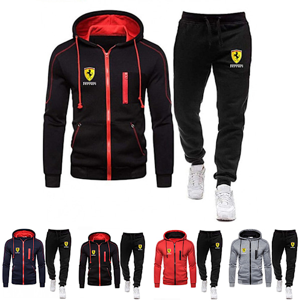 Män Sport Huvtröja Tracksuit Set Långärmad Full Zip Hoodie Sweatshirt Jacka + Joggingbyxor Sweatpants Outfit Fickor Grey 2XL